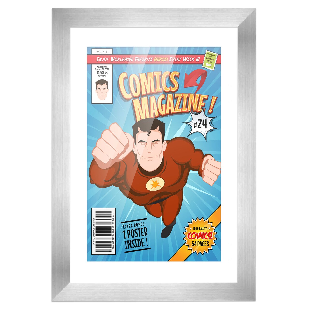 Comic Book Display Frame for Current Era Comic Published After 1985 - Silver Wood Comic Frame With White Mat for 6.875x10.5 Comic, 18 Frame Sizes